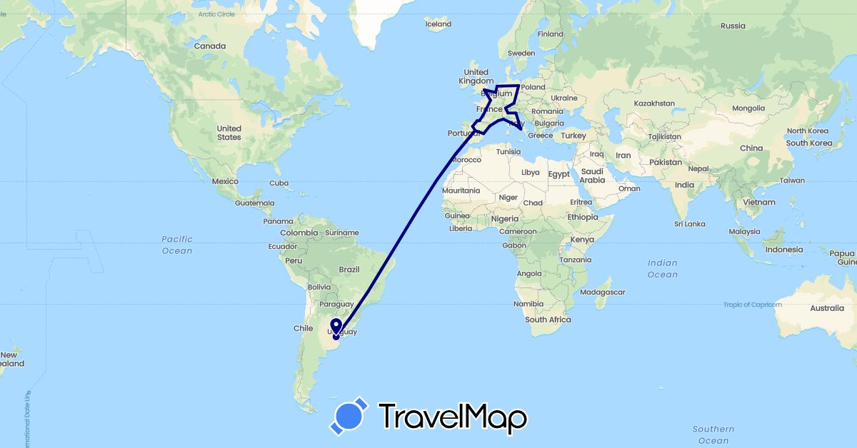 TravelMap itinerary: driving in Argentina, Belgium, Switzerland, Germany, Spain, France, United Kingdom, Italy, Monaco, Netherlands (Europe, South America)